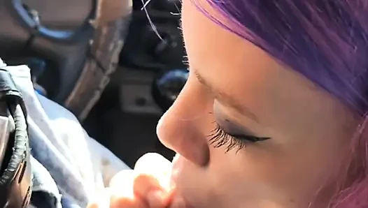Sexy alt girl gives a risky public blowjob in the car