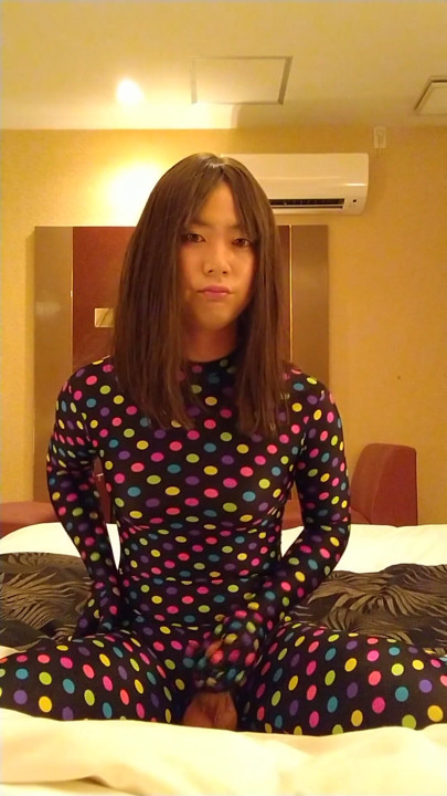 Japanese crossdresses masturbate wearing colorful morphsuit | Clip 1