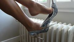 Dangling with silver shoes and ultrasheer pantyhose
