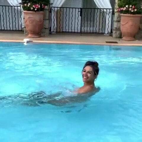 Elizabeth Hurley - Topless in swimming pool, August 22, 2018