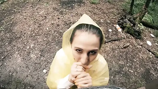 Black Lynn in Yellow Raincoat Sucking Cock in the Woods - Outdoor Blowjob and Cum in Mouth
