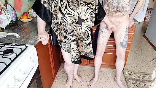 roommate jerks off my cock in the kitchen