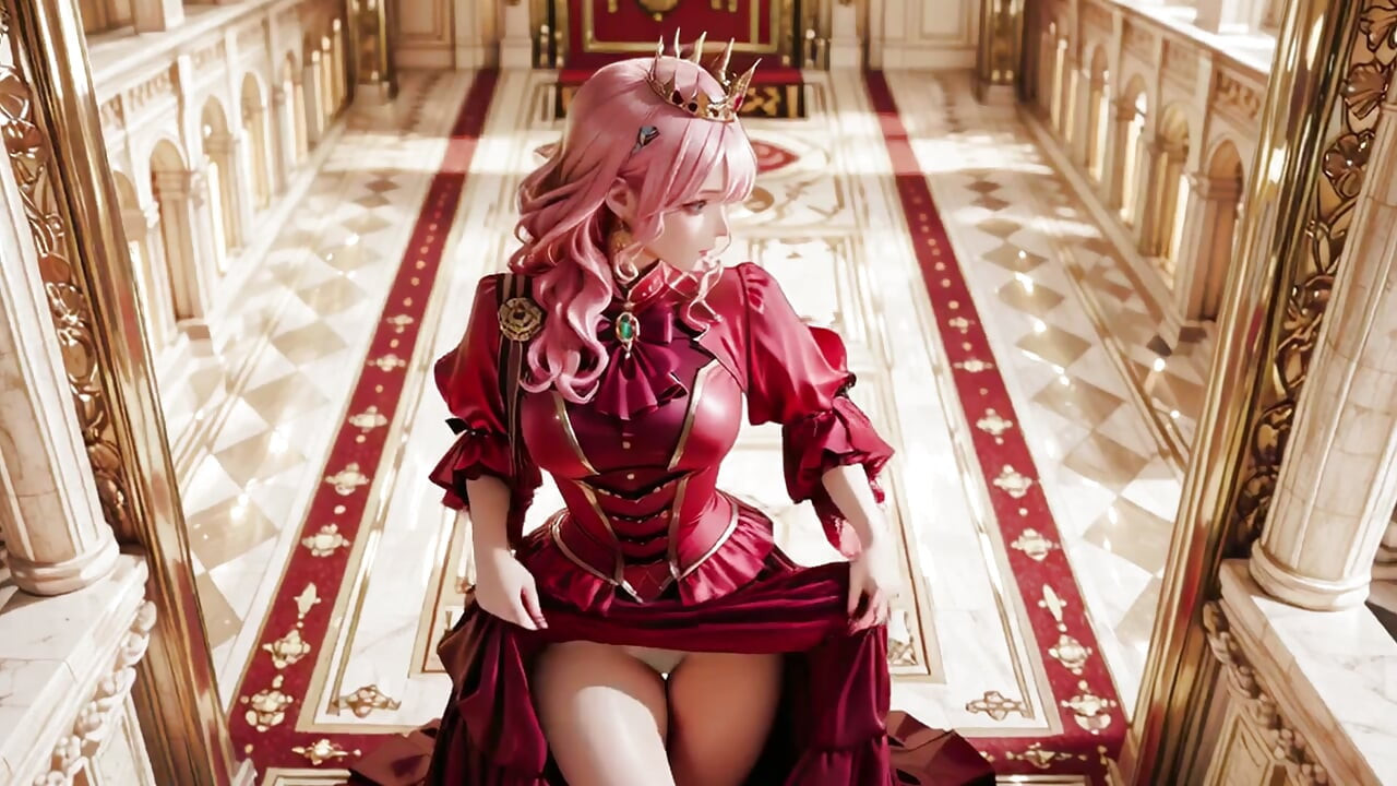 The Pink Queen's Coronation! Deep red silk, golden goblet, and a lazy gaze from the throne. Pure fantasy.