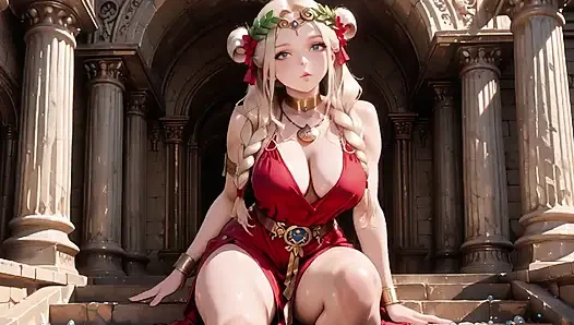 Blonde Goddess in Red! Forbidden Gaze in the Ancient Corridor, Deep V & High Slit teasing you.
