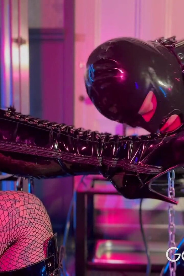 Chained Gimp Worships Latex Goddess's Boots