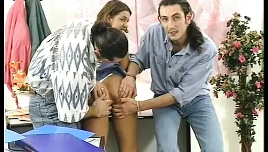 Brunette teen gets anally slammed in a threesome