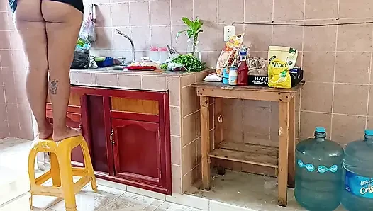 Chubby Stepmother Washes and Cleans the Kitchen