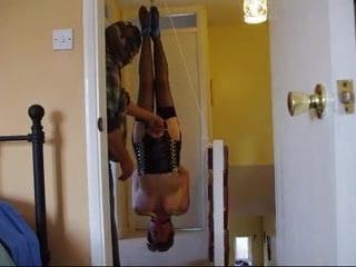 Gagged spanked fingered and clipped granny is hoisted upside