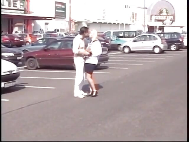 Blonde babe gets on her knees outside to suck cock and to get fucked