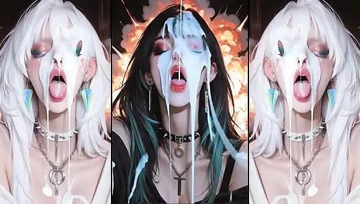 Anime-charaktere bekommen ihre gesichter gründlich mit sperma bedeckt.