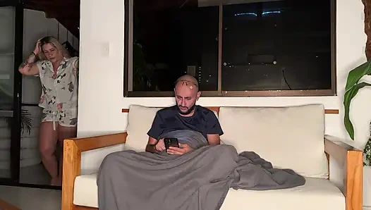 My horny brother-in-law is staying over, so I decide to ride his big, hairless cock with my MILF pussy until it's full of cum!