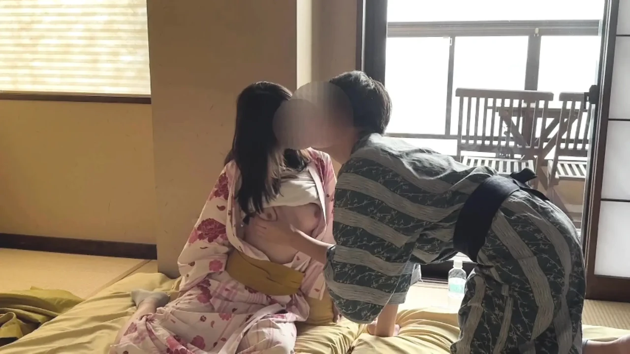 Boyfriend licks Maria's cute boobs in a yukata  at a hot spring traditional Japanese Inn