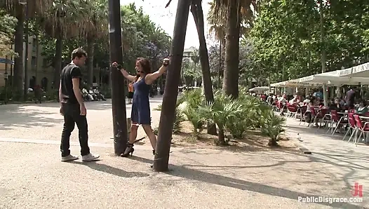 Spanish hottie gets throat fucked on the street  bound in front of a busy cafe!