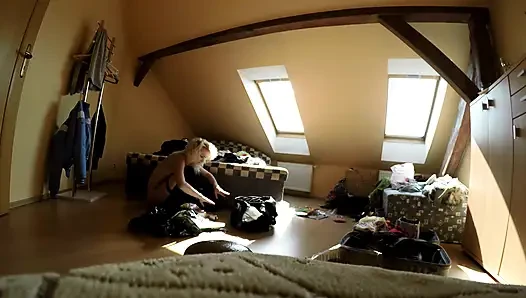 Fitting room with 4 fully naked girls chatting and choosing clothes