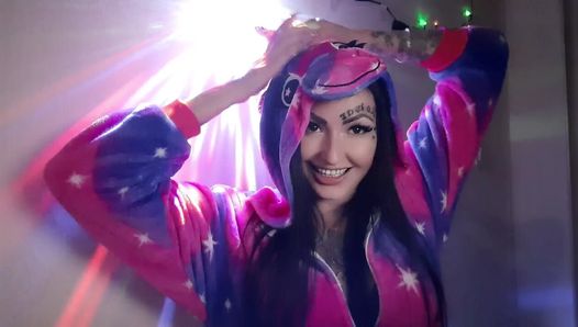 Dominatrix Nika in unicorn pajamas will tell and show you on her horn how you will jerk off today. Handjob instruction.