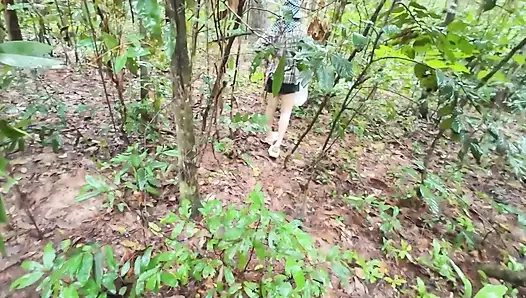Thai girls walking and talking and picking mushrooms in the forest, secretly showing in the deep forest Clear Thai voice