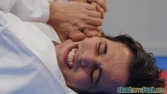 Ebony rides short guy’s cock during karate class