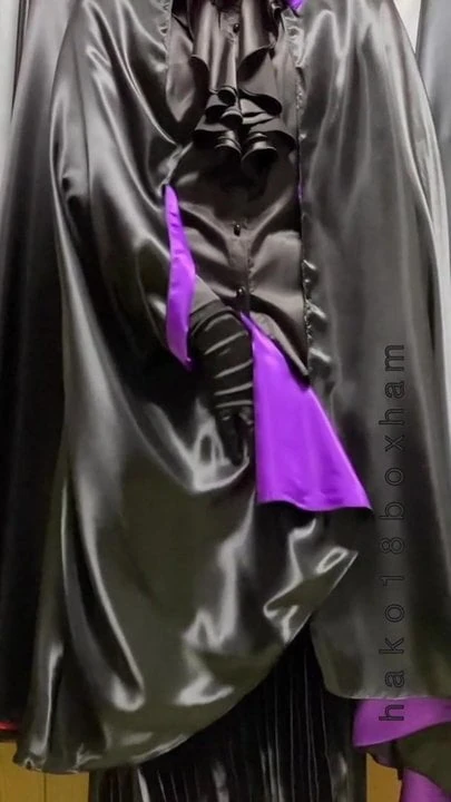 masturbation with black satin pleated skirt and blouse