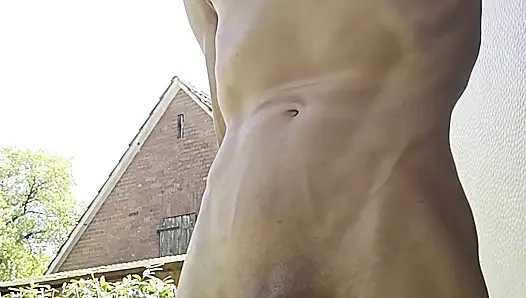Skinny boy naked pissing und sperm. Piss n sperm flows from big uncut dick outdoor