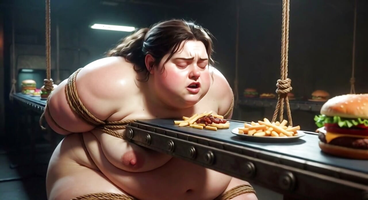 Tied up SSBBW Eats Massive Meal While Kneeling - Belly Stuffing