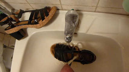 Piss in wifes black patent leather & cork sandal