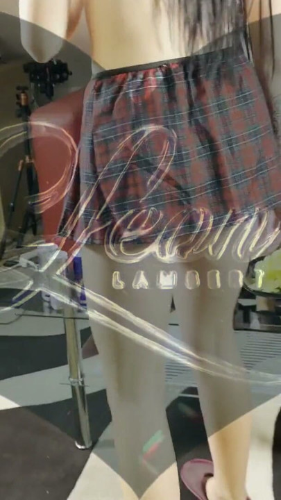 Party girls in shortest school uniform costume and miniskirts with t-shirts have fun & try pantyhose | Clip 1