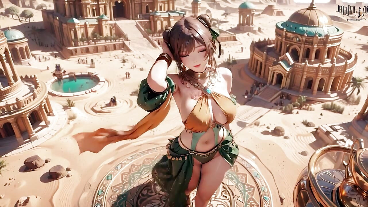 ¡Coronación de la Reina Oro Verde! Recostada perezosamente de lado en el palacio del desierto, dedos jugueteando con el cabello y el velo, piel bronceada por el sol brillando.