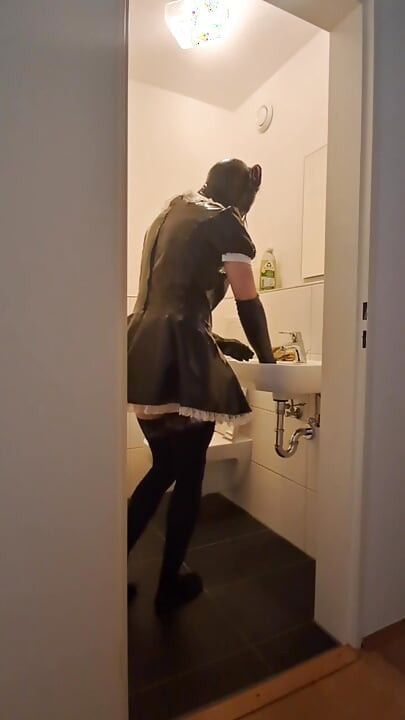 Caged Sissy Maid Slave - Cleaning the Bathroom for Mistress and Her Boyfriend