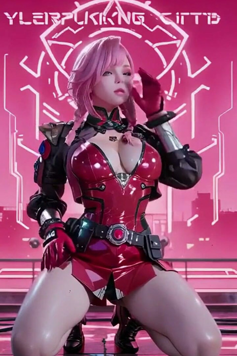 Pink-haired Mech Warrior! Kneeling in Neon Streets, Red Rose & Cold Armor Contrast.