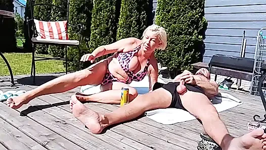 Family vacation with stepmom in the backyard in front of neighbors