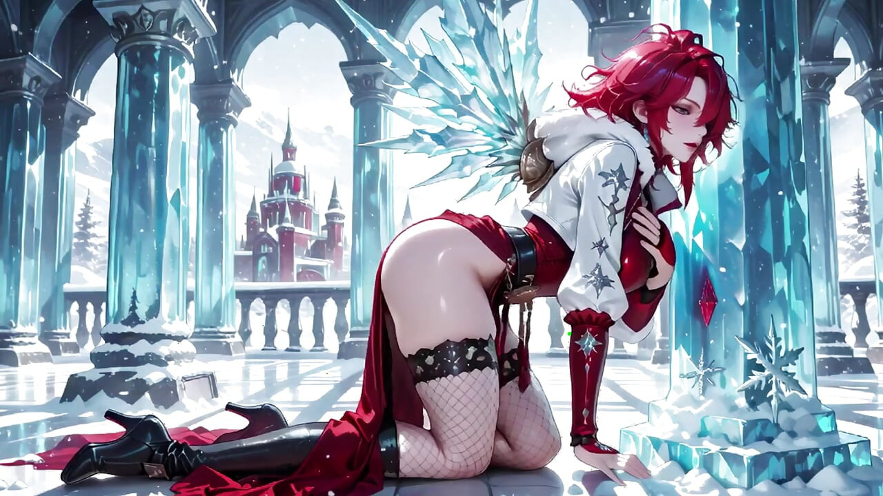 Red-haired Sorceress makes a stunning entrance in the Crystal Hall, robe slightly open and staff tapping seductively.