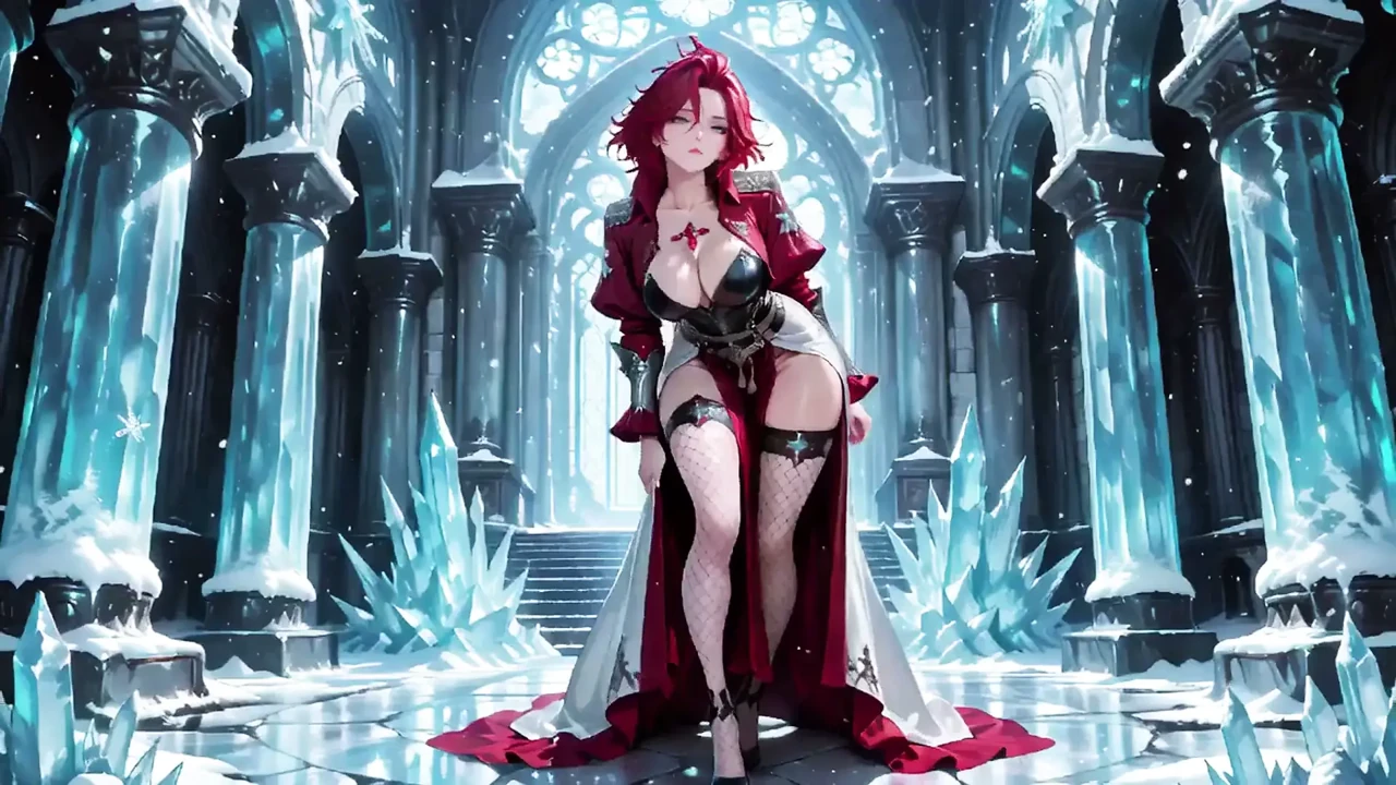Ice Queen! Red-haired Sorceress Makes a Stunning Entrance in the Crystal Hall, Robe Slightly Open and Staff Tapping Seductively