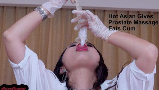122 caliente asiática da masaje de próstata come semen
