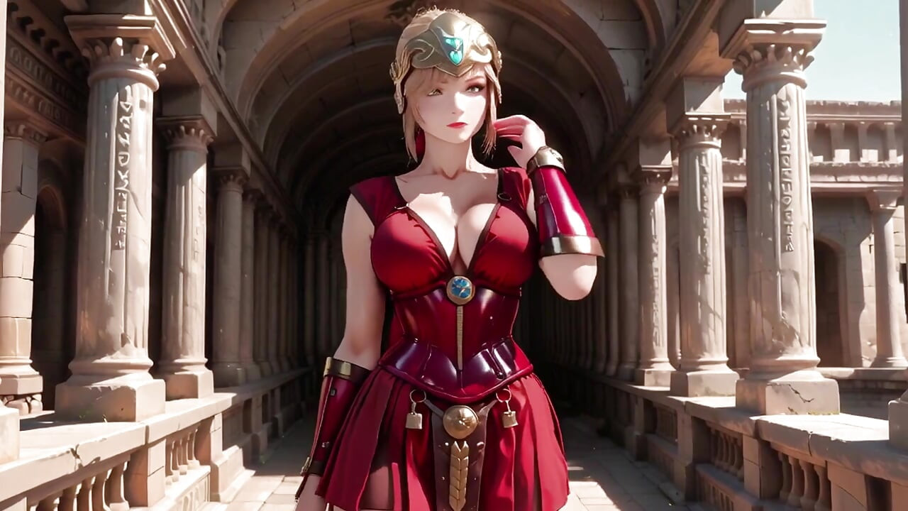 Red Armor Queen! Forbidden Gaze in the Roman Corridor, Skirt Lift Reveal, Hand on Lips Teasing You...