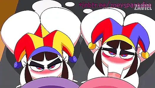 Two mischievous clowns are having fun after the show