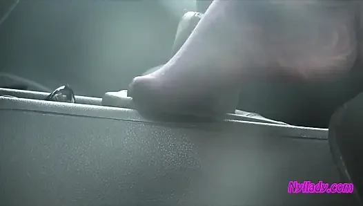 Nyllady's Footjob to Gearshift and Wheel in Patterned Pantyhose