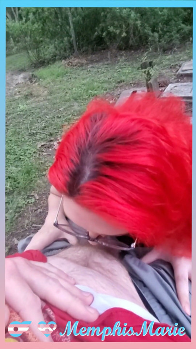 Shemale deepthroats and takes bareback creampie outdoors | Clip 1
