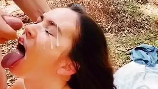 Slut Wife Blowjob in the Woods and Facial