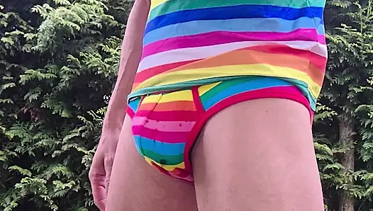 Skinny boy in tight shorts plays with his big cock and must piss. Huge fountain of piss in your face