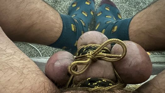 Very tight Cock and ball bondage with 3 sets of nipple clamps on at the same time