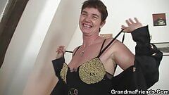 Two men film porn movie with old hairy granma