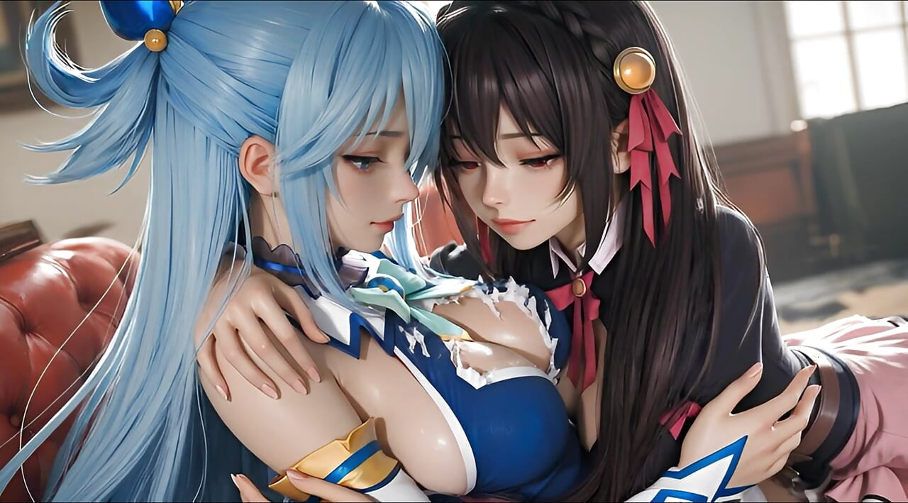 Konosuba soft show'dan sfw aqua ve yunyun lezbiyene dokunuyor ve öpüşüyor
