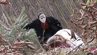 Blonde Babe Gets Slammed by Two Masked Guys After a Chase Through the Woods