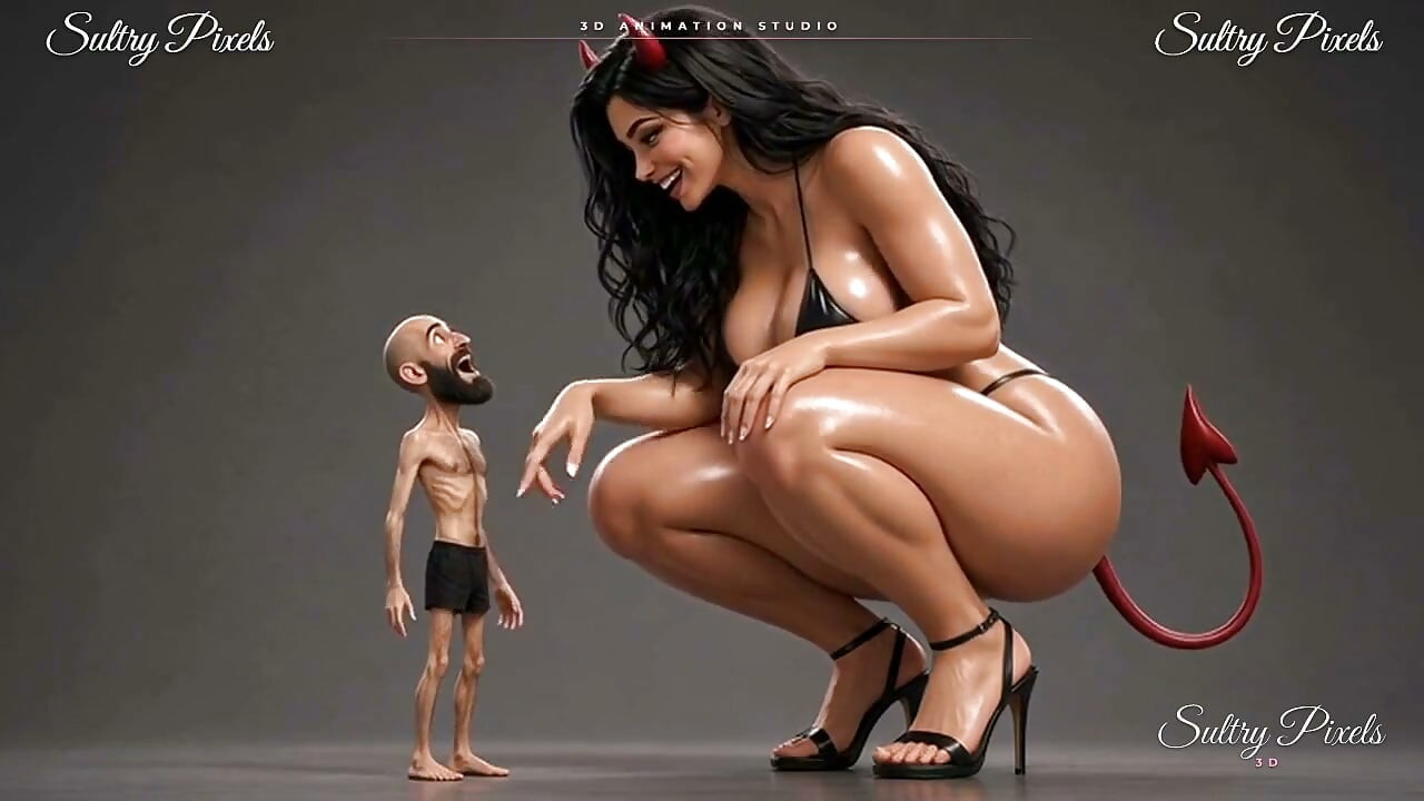 Giant She-devil Strips Topless for Her Tiny Bearded Man - He Kisses Her High Heel