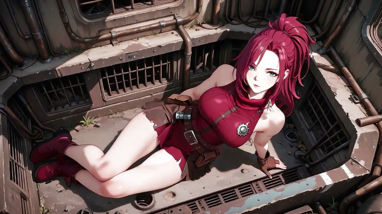 Redhead Warrior in Ruins! Forbidden Encounter in the Industrial Wasteland, her tight combat suit soaked and hazy eyes.