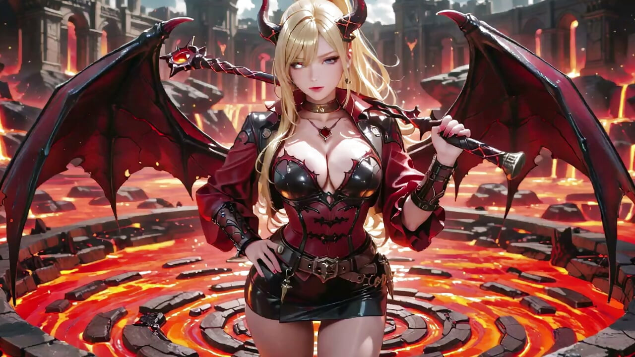 Lava Throne! Blonde Demon Queen Kneels & Spreads Her Wings, Lazy Tease with a Glass.