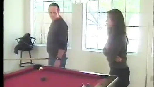 Hot small titted Asian lies on pool table so toned dude can fuck her hairy bush