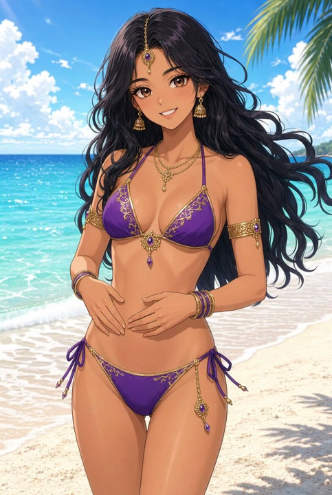 Lilavati Anime Beach Bikini Gentle Stomach Touch and Smile Hot Indian Girl