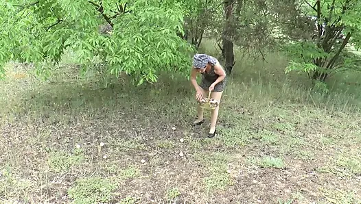 German Sex with Mature Slut with Hairy Pussy and Small Firm Tits Gets Her Pussy Fucked Outdoors