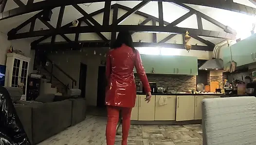 Red Leather Dress and Thigh High Boots Tease. Tight Fit, No Bra and Pure Anticipation